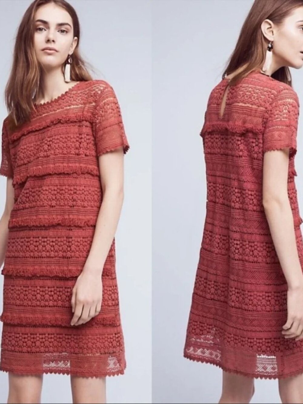 Anthropologie Rust Pink Crochet Lace Short Sleeve Mini Shift Dress
